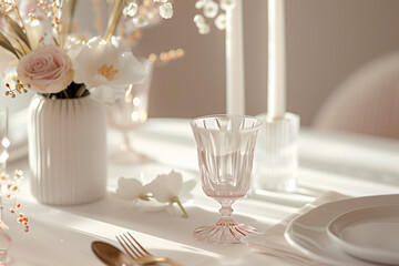 A table with a white tablecloth and a vase of flowers with candles on it