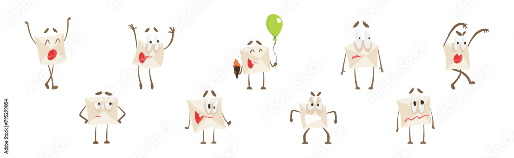 Poster funny paper envelope character with hand and arms vector set