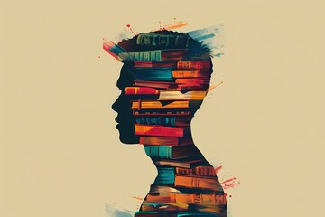 Striking minimalistic art illustration featuring human silhouette, composed of a vast library of books in vibrant colors on the beige background with copy space. 