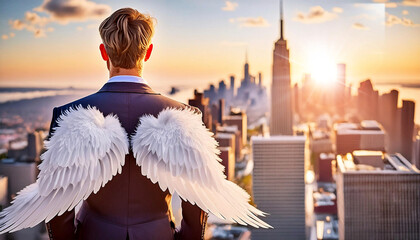 Close-up and back view of a businessman dressed formally, with white angel wings on his back looking a modern city with tall skyscrapers, from the top of his office at sunset or sunrise. Generative Ai