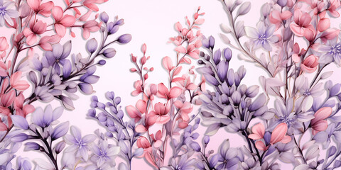 Soft coral and lavender blossoms forming a delicate seamless pattern with a touch of romance.