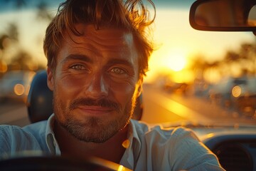 Mature man showing joy and satisfaction while driving toward the sunset, promoting a sense of well-being and adventure