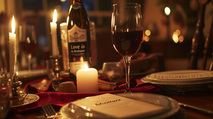A romantic candlelit dinner with the phrase "Love is the Best Adventure" in elegant script.
