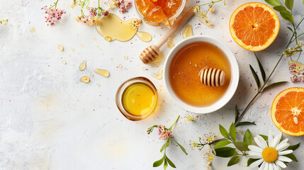 Composition with bowl of honey ripe fruits flowers and - obrazy, fototapety, plakaty
