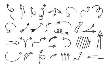 Set of different arrows hand drawn. Anime manga hand drawn effect set. Doodle icons. Collection of pointers. Vector illustration