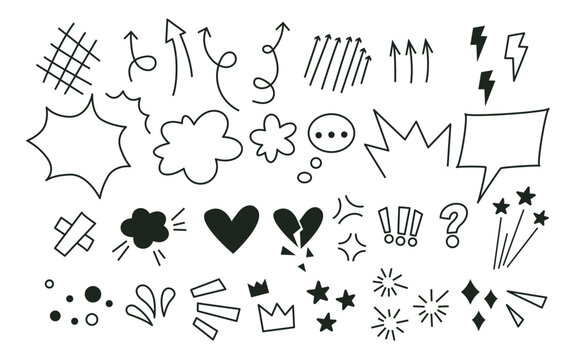 Hand drawn speech bubble and effect set. Collection of arrows and doodles. Vector illustration. Anime manga emotion icons. Vector illustration