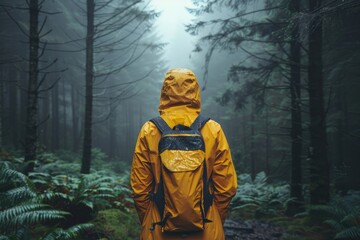 A person stands with their back turned, wearing a yellow raincoat in a misty, moody forest, invoking a sense of solitude and adventure