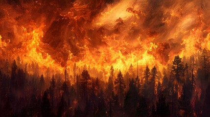 Raging Forest Inferno A Dramatic Panoramic View of a Massive Wildfire Engulfing the Landscape with Intense Flames and Billowing Smoke