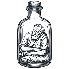 An old man sleeps inside a bottle, vector illustration