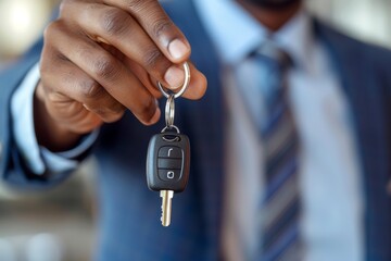 A well-dressed man is offering a car key, symbolizing a successful deal made, possibly at a car sale