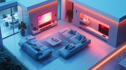 an aerial view of a futuristic living room with a tv. Generative ai