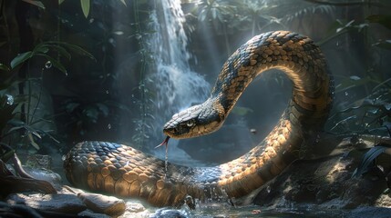 Fierce Cobra Poised to Strike in Lush Southeast Asian Tropical Forest Streamlit by Sunlight - obrazy, fototapety, plakaty