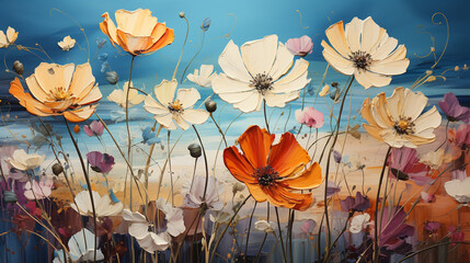 Fototapeta na wymiar A mesmerizing array of wildflowers dancing gracefully in the wind, their colors blending seamlessly into a picturesque abstract illustration background of meadows and sky.