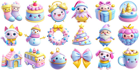 Obraz premium Colorful Assortment of Kawaii 3D Icon Set Characters and Cute Christmas Object Illustrations