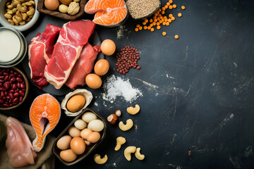 Assortment of protein-rich foods is artfully displayed on a dark textured