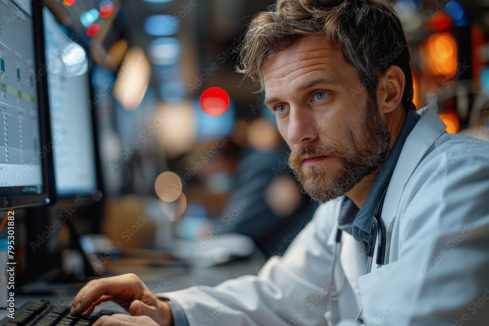 Poster a focused man in business attire intently working on a computer in a busy office setting