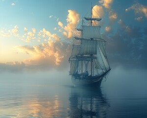 A beautiful painting of a tall ship sailing on a calm sea.