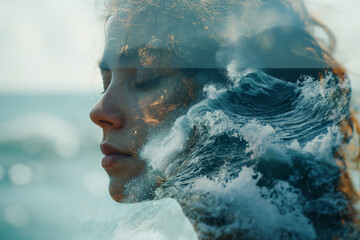 Double exposure of a woman's head against a sea wave background