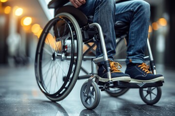 Obraz premium The image showcases a man navigating his life in a wheelchair from a dynamic low angle perspective