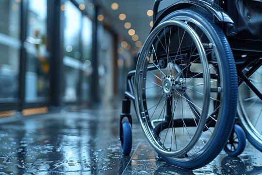 The closeup of a wheelchair wheel glistening with raindrops represents mobility challenges during adverse weather conditions