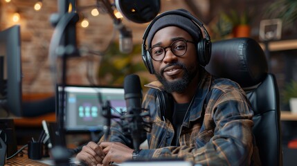 A young black man wearing headphones and glasses smiles while sitting in a recording studio.