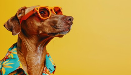Fashionable dog in orange sunglasses and colorful hawaiian shirt exudes summer vibes - obrazy, fototapety, plakaty
