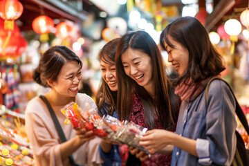 Young travelers of East Asian ethnicity exploring a bustling local market at a travel destination.