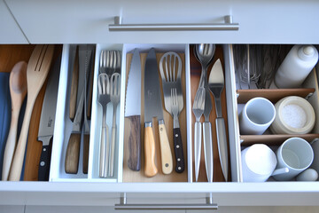 kitchen drawer tray is carefully organized with a selection of cutlery