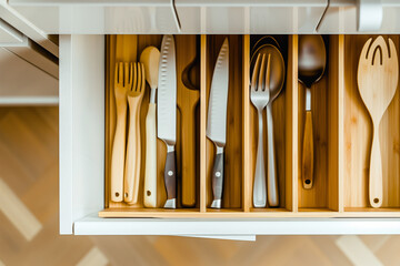 kitchen drawer tray is carefully organized with a selection of wooden cutlery
