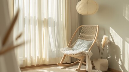 A solitary wicker rocking chair sits in a bright sunlit room with a large window and a paper lantern lamp hanging from the ceiling. - obrazy, fototapety, plakaty