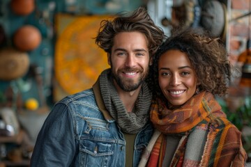 Obraz premium A happy couple in a cozy setting wearing warm clothes and smiling, conveying closeness and happiness