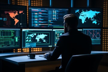 A cybersecurity expert analyzing realtime threat data on multiple monitors in a dark, sophisticated command center with interactive maps and code running