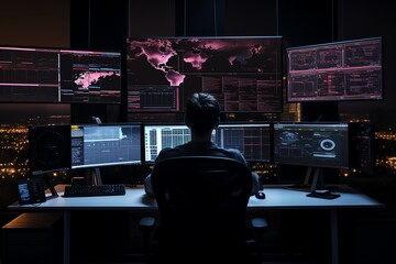A cybersecurity expert analyzing realtime threat data on multiple monitors in a dark, sophisticated command center with interactive maps and code running
