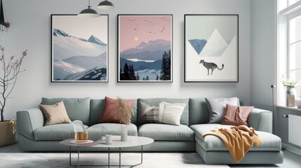 /imagine: prompt: A living room with a couch, coffee table, and three paintings on the wall. The paintings are of mountains, a cougar, and a sunset. The couch is blue and the walls are white. There is