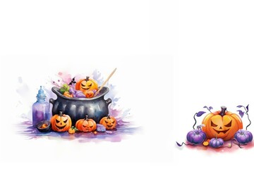 Vibrant watercolor illustration of a Halloween scene with pumpkins, cauldron, and magical potions.