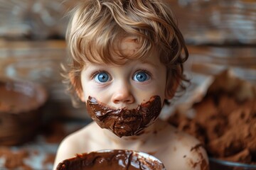 Naklejka premium Close-up of a young child with blue eyes covered in chocolate, looking at the camera