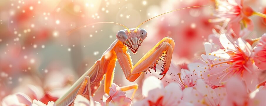 A praying mantis on a flower.