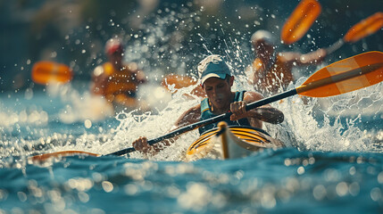 A group of male athletes participating in canoeing or kayaking competitions at the Olympic Games, water sports. canoeing. Olympics in France 2024