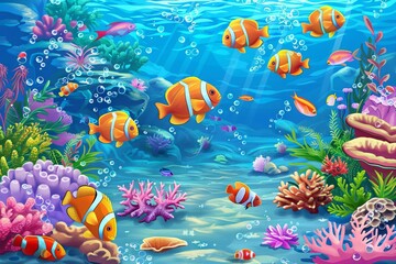 vibrant coral reef aquarium with colorful tropical fish swimming in clear blue water digital illustration