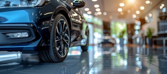 Luxury black car displayed in modern showroom for sale and rental business opportunities