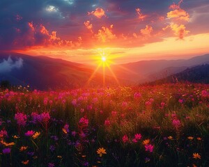 A beautiful sunset over a field of flowers with mountains in the distance. - obrazy, fototapety, plakaty