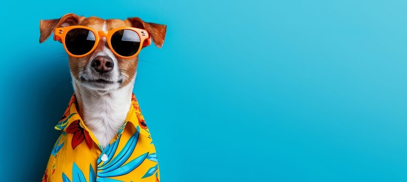 Stylish canine in vibrant hawaiian shirt and trendy orange sunglasses for a fashionable look