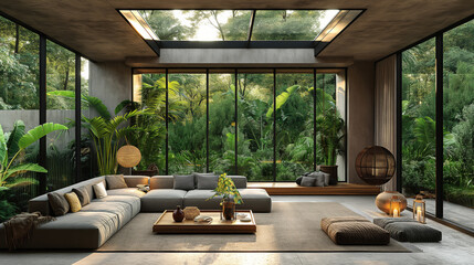 3D design. Image of interior of cozy modern living room with massive skylight jungle from ceiling while furnished with modern furniture and glass walls displaying admirable outside scenery.
