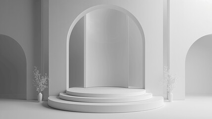 Symphony of Shapes: A Captivating 3D Rendered Minimalist Podium, Showcasing the Harmonious Integration of Geometric Forms in Contemporary Design