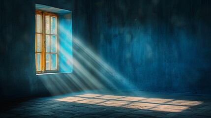 Blue room with bright sunlight shining through the window - obrazy, fototapety, plakaty