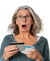 Middle-Aged Woman Gasping in Disbelief at Her Credit Card