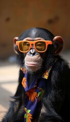 Chic chimpanzee with orange sunglasses and colorful hawaiian shirt exuding style