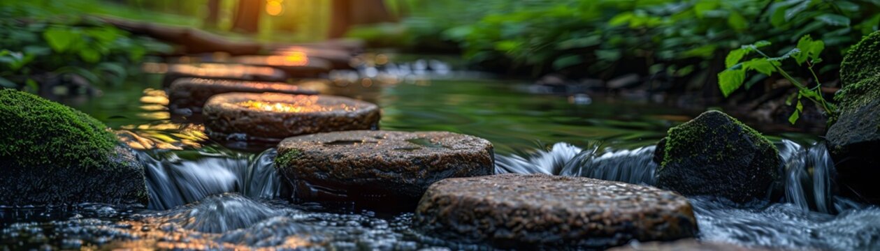 A long exposure of a small stream with stepping stones leading into the distance, the sun is setting and casting a warm glow over the scene.
