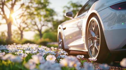 A white car is parked in a field of flowers, A tires car on summer