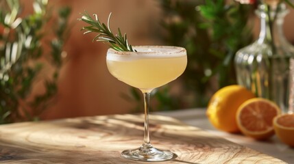 A cocktail featuring Rangpur, sour mix, and Meyer lemon juice in a coupe glass on a table, showcasing the beautiful stemware and drinkware. - obrazy, fototapety, plakaty